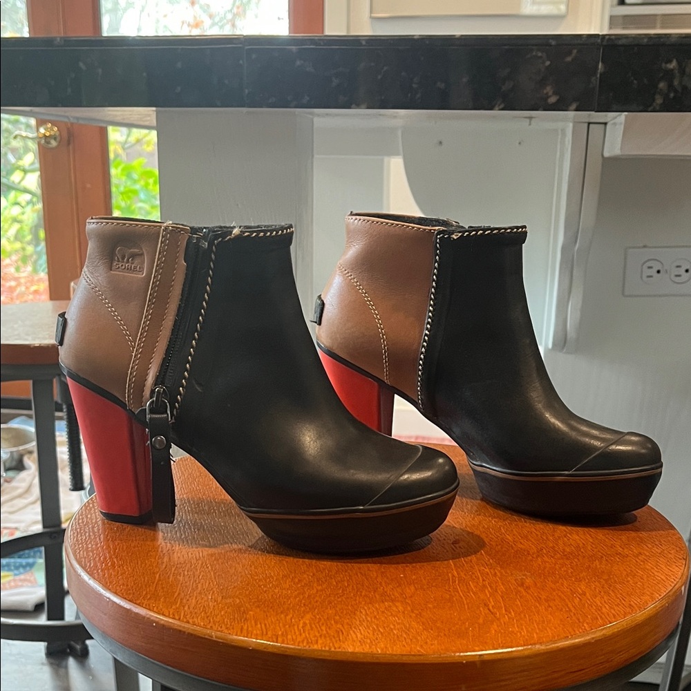 Stylish Black and Brown Ankle Boots with Red Heels